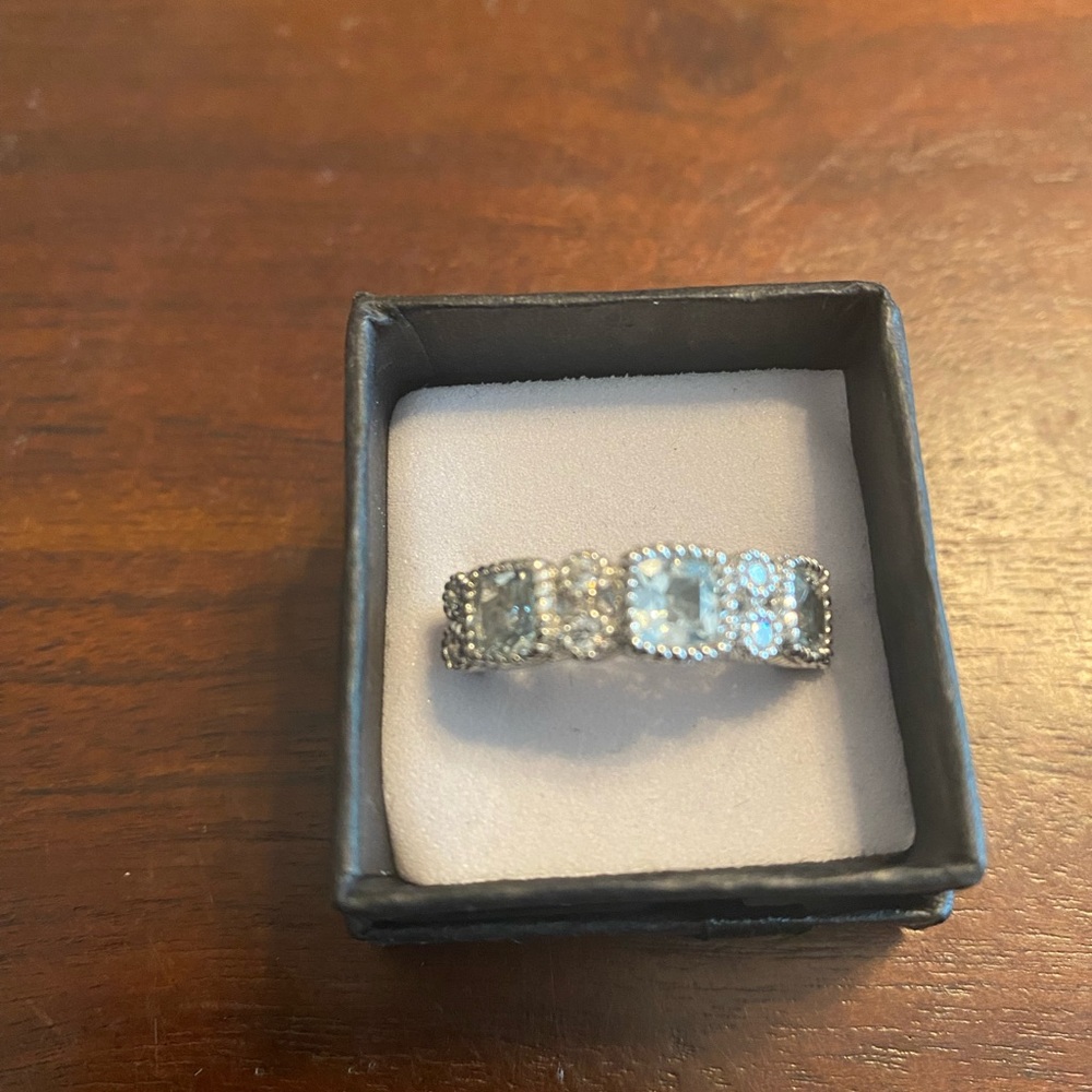 Judith Ripka Sterling with aquamarine and CZs gems Ring sz8